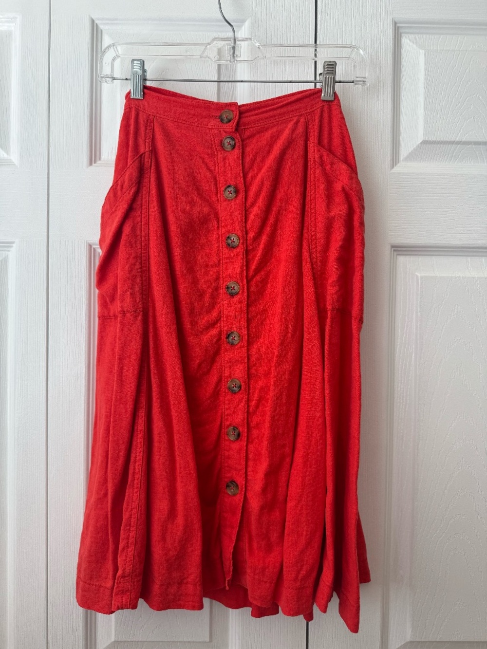 Maeve by Anthropologie Red Linen Blend Button-Front Midi Skirt w/ Tie Belt (4)